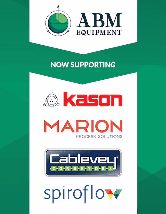 ABM Equipment, kason, marion, cablevey, and spiroflow logos