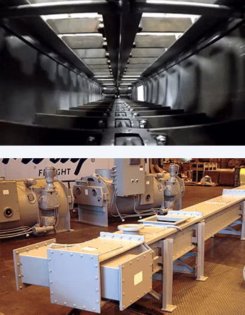 Split view of outside of a chain conveyor and inside, showing the drag chain