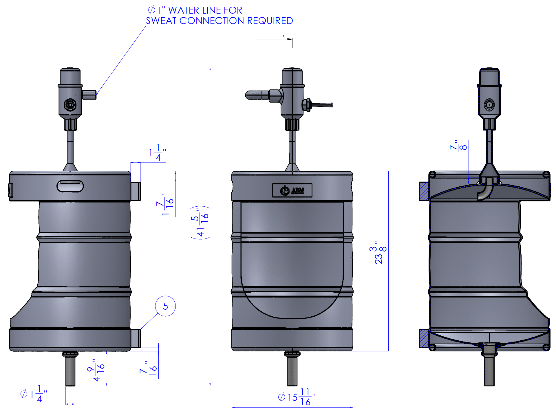Keg urinal assembly drawing with dimensions
