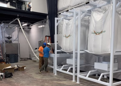 Workers standing next to bulk bag unloaders