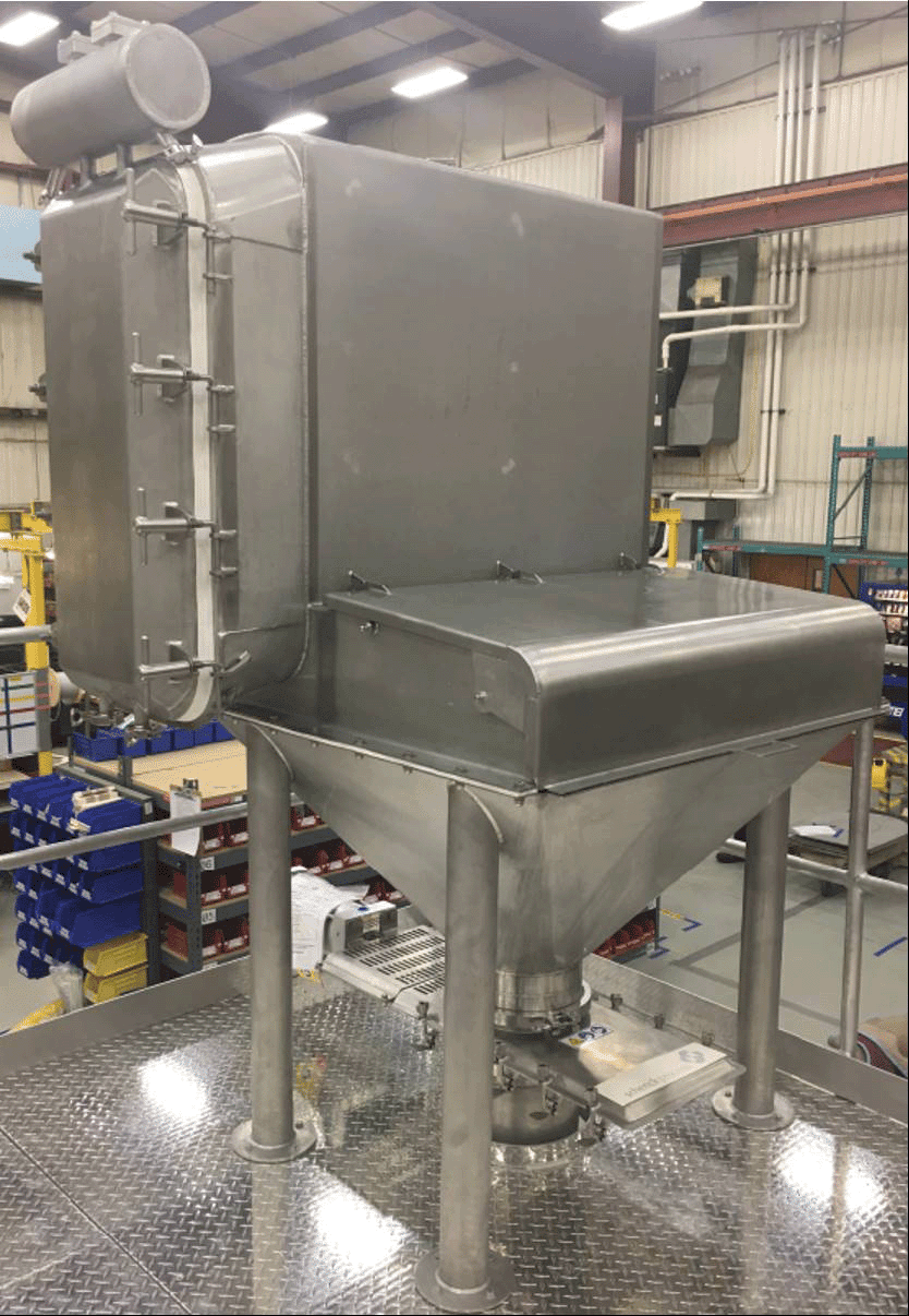 Cartridge dust collection on a stainless steel bag dump